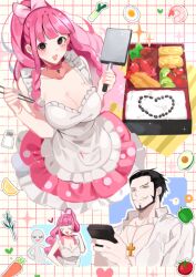 Rule 34 | 1boy, 1girl, apron, bento, black hair, blunt bangs, blush, breasts, choker, chopsticks, cleavage, closed mouth, collarbone, collared shirt, cross, cross choker, cross necklace, dracule mihawk, drill hair, facial hair, food, frilled skirt, frills, fruit, ghost, hair ribbon, heart, holding, holding chopsticks, jewelry, joman, large breasts, long hair, necklace, one piece, open clothes, open mouth, open shirt, pectorals, perona, pink choker, pink hair, pink ribbon, ribbon, shirt, sidelocks, skirt, sparkle, vegetable, white apron, white shirt, yellow eyes