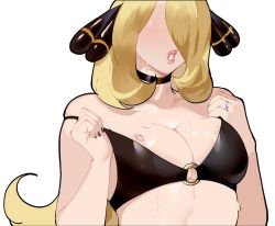 Rule 34 | 1girl, blonde hair, bra, bra pull, breasts, cleavage, clothes pull, creatures (company), cynthia (pokemon), faceless, faceless female, game freak, hair over one eye, highres, lipstick, long hair, makeup, mature female, medium breasts, nail polish, nintendo, nyantcha, parted lips, pink lips, pokemon, pokemon dppt, solo, sweat, underwear, undressing, very long hair
