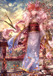 Rule 34 | 10s, 1girl, alternate costume, alternate hairstyle, blue eyes, blue kimono, blurry, braid, bridge, cloud, depth of field, feather boa, feather print, feathers, full body, full moon, granblue fantasy, grass, hair between eyes, ruffling hair, hair up, highres, japanese clothes, kimono, lecia (granblue fantasy), light smile, moon, obi, orange hair, outdoors, petals, sash, scarf, sheath, sheathed, signo aaa, sky, solo, standing, stone floor, sword, tree, twin braids, weapon, wide sleeves