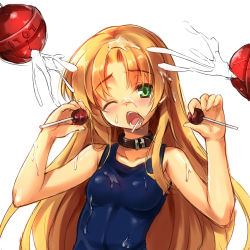 Rule 34 | 1girl, absurdres, bad id, bad pixiv id, blonde hair, blush, candy, collar, food, green eyes, highres, lollipop, long hair, one-piece swimsuit, one eye closed, open mouth, original, redcomet, school swimsuit, sexually suggestive, suggestive fluid, swimsuit, very long hair, wink