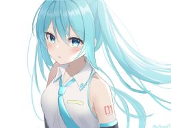 Rule 34 | 1girl, alternate hairstyle, aqua eyes, aqua hair, aqua necktie, bare shoulders, black sleeves, blush, detached sleeves, hatsune miku, highres, long hair, looking at viewer, necktie, noneon319, parted lips, shirt, shoulder tattoo, sleeveless, sleeveless shirt, solo, tattoo, twitter username, upper body, very long hair, vocaloid, white background, white shirt