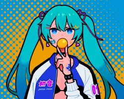 Rule 34 | 1girl, blue eyes, bracelet, commentary, covering own mouth, earrings, hair between eyes, hair ribbon, halftone, halftone background, hand up, hatsune miku, highres, jacket, jewelry, looking at viewer, miku day, miyoshi yoshimi, purple ribbon, ribbon, solo, sticker, twintails, upper body, vocaloid