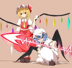 Rule 34 | 2girls, absurdres, ascot, bat wings, blonde hair, blue hair, dress, eyeball, flandre scarlet, hat, hat ribbon, highres, looking at viewer, mob cap, multiple girls, pointy ears, puffy sleeves, red dress, red eyes, remilia scarlet, ribbon, sash, shirt, short sleeves, siblings, side ponytail, sisters, smile, spear the gungnir, squatting, standing, standing on one leg, touhou, udongein, white dress, wings, yamato (muchuu paradigm)