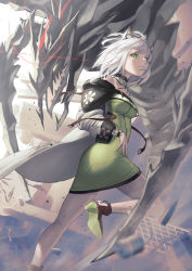 Rule 34 | 1girl, absurdres, ahoge, animal ear fluff, animal ears, arknights, bare shoulders, belt collar, blurry, blurry foreground, cape, closed mouth, collar, collarbone, copyright request, dress, full body, green dress, green eyes, green footwear, high heels, highres, kal&#039;tsit (arknights), legs, looking at viewer, monster, off-shoulder dress, off shoulder, short hair, shy (shy 06), solo, watch, white cape, white hair