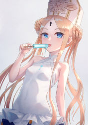 Rule 34 | 1girl, abigail williams (fate), abigail williams (swimsuit foreigner) (fate), abigail williams (swimsuit foreigner) (second ascension) (fate), bare shoulders, black bow, blonde hair, blue eyes, bow, braid, braided bun, breasts, double bun, dress swimsuit, fate/grand order, fate (series), food, forehead, hair bun, hat, highres, keyhole, long hair, looking at viewer, mitre, multiple bows, one-piece swimsuit, orange bow, parted bangs, popsicle, sidelocks, small breasts, smile, swimsuit, tongue, tongue out, tsukizaki shizuka, very long hair, white headwear, white one-piece swimsuit