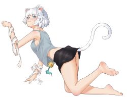 Rule 34 | 1girl, :3, absurdres, animal ears, aqua eyes, bandaged arm, bandages, barefoot, black skirt, blush, breasts, buyange, closed mouth, commentary request, feet, from side, full body, grey hair, grey tank top, hand up, highres, hoyoung (maplestory), korean commentary, legs, looking at viewer, maplestory, medium breasts, medium hair, midriff, miniskirt, paw pose, sidelocks, simple background, skirt, soles, solo, tail, tank top, thighs, toes, white background, white tail