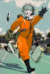 Rule 34 | 1girl, absurdres, astronaut, blue eyes, bodysuit, boots, cloud, day, full body, gloves, grey hair, helmet, highres, open mouth, original, outdoors, outstretched arm, polilla, running, science fiction, shadow, solo, space helmet, spacesuit, tree