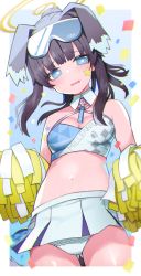 Rule 34 | 1girl, animal ears, bare shoulders, blue archive, blush, breasts, cheerleader, confetti, dog ears, dog girl, eyewear on head, gluteal fold, goggles, goggles on head, halo, hibiki (blue archive), hibiki (cheer squad) (blue archive), highres, holding, holding pom poms, izuoku, long hair, looking at viewer, millennium cheerleader outfit (blue archive), navel, official alternate costume, open mouth, panties, pom pom (cheerleading), pom poms, small breasts, solo, sticker on arm, sticker on face, underwear, white panties
