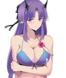 Rule 34 | 1girl, :|, arknights, arm under breasts, bikini, black bow, blue bikini, blush, bow, breasts, cleavage, closed mouth, collarbone, edelritter, flower, front-tie bikini top, front-tie top, hair bow, hibiscus, hibiscus (arknights), hibiscus the purifier (arknights), highres, horns, large breasts, long hair, looking at viewer, parted bangs, pointy ears, purple eyes, purple hair, red flower, sidelocks, simple background, solo, straight hair, string bikini, swimsuit, upper body, white background