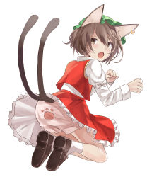 Rule 34 | 1girl, :o, absurdres, animal ear fluff, animal ears, ass, brown eyes, brown hair, cat ears, cat tail, chen, dress, earrings, fang, from behind, full body, gold trim, hat, highres, jewelry, juliet sleeves, kani nyan, light blush, long sleeves, looking back, mob cap, multiple tails, nekomata, open mouth, paw pose, paw print, puffy sleeves, red dress, short hair, simple background, single earring, solo, tail, touhou, two tails, upskirt, white background