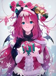 Rule 34 | 1girl, absurdres, bell, blue eyes, blush, breasts, christmas, demon horns, demon wings, flower, frills, gift, highres, holding, horns, large breasts, long hair, looking at viewer, mistletoe, open mouth, original, red hair, ribbon, rose, simple background, smile, snowflakes, solo, upper body, w (w64851564), wings