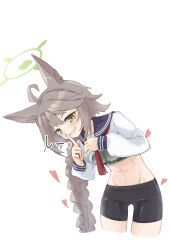 Rule 34 | 1girl, absurdres, ahoge, animal ears, bike shorts, blue archive, blue sailor collar, blush, bra, braid, braided ponytail, clothes lift, commentary request, finger to mouth, green eyes, green halo, grey bra, halo, highres, index finger raised, lifting own clothes, long sleeves, looking at viewer, midriff, navel, neckerchief, otogi (blue archive), red neckerchief, sailor collar, school uniform, serafuku, shirt, shirt lift, shushing, simple background, solo, suecovsky, underwear, white background, white shirt