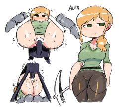 Rule 34 | 1boy, 1girl, alex (minecraft), ass, blush, blush stickers, breasts, brown pants, closed mouth, enderman, expressionless, folded, full nelson, green eyes, green shirt, hetero, highres, large breasts, minecraft, multiple views, orange hair, pants, penis, pickaxe, pussy, rariatto (ganguri), reverse suspended congress, sex, sex from behind, shirt, sketch, sweat, thighs, vaginal