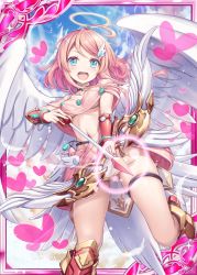 Rule 34 | 1girl, :d, akkijin, angel, angel wings, aqua eyes, arrow (projectile), bow (weapon), breasts, energy, flying, gluteal fold, hair ornament, halo, heart, holding, holding bow (weapon), holding weapon, medium breasts, official art, open mouth, pink hair, shinkai no valkyrie, sky, smile, stomach, weapon, wings