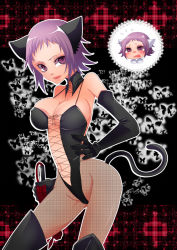 Rule 34 | 1girl, animal ears, backless outfit, bad id, bad pixiv id, black gloves, black pantyhose, boots, breasts, cat ears, cat tail, center opening, cleavage, detached collar, dominatrix, elbow gloves, fishnet pantyhose, fishnets, gloves, hand on own hip, kemonomimi mode, large breasts, lili levinas, navel, pantyhose, purple eyes, purple hair, senkou no ronde, short hair, sideboob, solo, tail, thigh boots, thighhighs, utani (punishment), whip