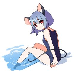 Rule 34 | &gt;:o, 1girl, :o, animal ears, arm support, blue hair, kozakura (dictionary), legs, looking at viewer, mouse ears, mouse tail, nazrin, one-piece swimsuit, partially submerged, red eyes, school swimsuit, short hair, sitting, solo, swimsuit, tail, touhou, v-shaped eyebrows
