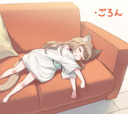 Rule 34 | 1girl, 40hara, animal collar, animal ear fluff, animal ears, barefoot, blonde hair, blunt bangs, cat ears, cat tail, closed eyes, collar, couch, highres, kinako (40hara), long hair, lying, on side, original, outstretched arms, oversized clothes, oversized shirt, print shirt, red collar, shirt, sleeping, solo, t-shirt, tail