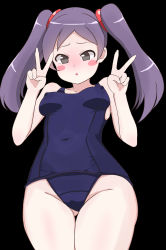 Rule 34 | 1girl, absurdres, black background, blush, breasts, female focus, highres, looking at viewer, mega man (series), mega man battle network, nimtra, one-piece swimsuit, open mouth, peace symbol, purple hair, shuko kido (mega man), solo, swimsuit, thighs, twintails