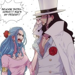 Rule 34 | !, 1boy, 1girl, angry, animal, animal on shoulder, bird, bird on shoulder, black hair, blue hair, dress, earrings, english text, facial hair, flower, goatee, hair flower, hair ornament, hair stick, hat, hattori (one piece), holding, holding clothes, jewelry, long hair, long sleeves, millorart, necktie, nefertari vivi, one piece, open mouth, pigeon, pink dress, red flower, rob lucci, speech bubble, third-party source, top hat, white bird