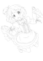 Rule 34 | 1girl, :d, absurdres, artist request, blush, drawfag, dress, eyelashes, frills, from above, full body, greyscale, hair ornament, hair ribbon, happy, highres, hirasawa yui, k-on!, long sleeves, looking at viewer, looking up, monochrome, non-web source, open mouth, ribbon, shoes, short hair, simple background, sketch, smile, solo, white background