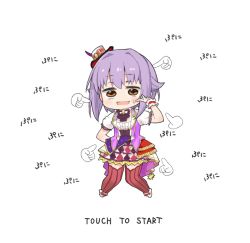 Rule 34 | 1girl, :d, chibi, frilled cuffs, gameplay mechanics, hand on own hip, hand on own face, hat, idol, idolmaster, idolmaster cinderella girls, idolmaster cinderella girls starlight stage, koshimizu sachiko, moru (monaka), nervous smile, no nose, open mouth, orange eyes, pointing, pointing at self, pointing finger, puffy sleeves, purple hair, short hair, short sleeves, showtime illusion, simple background, skirt, smile, solo, sweatdrop, thighhighs, white background