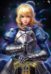 Rule 34 | 1girl, ahoge, armor, armored dress, artoria pendragon (all), artoria pendragon (fate), blonde hair, dress, excalibur (fate/stay night), fate/stay night, fate (series), gauntlets, green eyes, hair ribbon, highres, liang xing, lips, looking at viewer, ribbon, saber (fate), solo, sword, weapon, wind