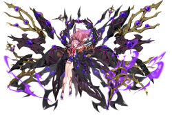 Rule 34 | absurdres, alternate form, armored gloves, artery gear, artery gear: fusion, blue dress, claws, dress, floating, floating object, floating weapon, halo, highres, long hair, mecha musume, mechanical halo, mechanical wings, open mouth, purple hair, rigging, thighlet, wing hair ornament, wings, xingyao liu (artery gear), yellow eyes, zhu fun