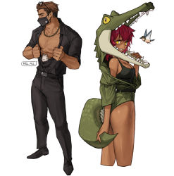 Rule 34 | 1boy, 1girl, alligator costume, bird, black footwear, black mask, black pants, black shirt, breasts, brown hair, cleavage, cropped legs, dark-skinned female, dark-skinned male, dark skin, highres, mask, medium hair, mouth mask, original, pants, parted lips, red hair, rinotuna, shirt, shirt tucked in, shoes, short hair, simple background, smile, speech bubble, white background, yellow eyes