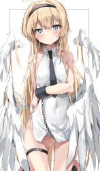 Rule 34 | 1girl, absurdres, ahoge, bare shoulders, black hairband, black necktie, blonde hair, blue eyes, blush, chain, closed mouth, collarbone, collared dress, commentary request, cuffs, detached wings, dress, feathered wings, hair between eyes, hairband, highres, multiple wings, necktie, no panties, original, skindentation, sleeveless, sleeveless dress, solo, sweat, thigh strap, toshizou (0714), white background, white dress, white wings, wings