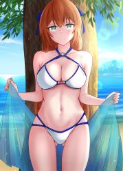 Rule 34 | 1girl, absurdres, against tree, beach, bikini, blue bow, blue ribbon, blurry, blush, bokeh, bow, breasts, brown hair, cleavage, depth of field, girls&#039; frontline, gluteal fold, gotoo, green eyes, groin, hair bow, highres, large breasts, long hair, looking at viewer, navel, ribbon, sand, sarong, smile, solo, springfield (girls&#039; frontline), springfield (stirring mermaid) (girls&#039; frontline), swimsuit, thighs, tree, water, white bikini