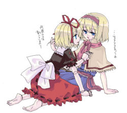 Rule 34 | 2girls, alice margatroid, barefoot, blonde hair, blue dress, blue eyes, bow, brown ribbon, brown shirt, capelet, collar, doll joints, dress, female focus, frilled capelet, frilled hairband, frilled shirt collar, frills, full body, hair ribbon, hairband, hand in another&#039;s hair, joints, lowres, medicine melancholy, multiple girls, oekaki, open mouth, pink hairband, puffy short sleeves, puffy sleeves, red ribbon, red skirt, ribbon, ribbon-trimmed clothes, ribbon-trimmed skirt, ribbon trim, sash, shirt, short hair, short sleeves, skirt, tadano kagekichi, touhou, white background, white bow, white collar