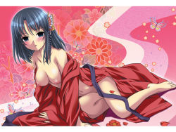 Rule 34 | 1girl, aojiru, barefoot, black hair, blue eyes, blush, breasts, bug, butterfly, chou no yume, chouko (chou no yume), feet, female focus, flower, hair ornament, hairpin, bug, japanese clothes, large breasts, nipples, off shoulder, open clothes, petals, short hair, solo, toes