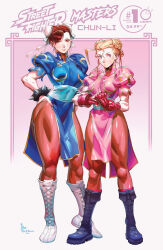 Rule 34 | 2girls, alternate hair length, alternate hairstyle, antenna hair, black footwear, blonde hair, blue dress, blue eyes, blush, boots, bracelet, breasts, brown eyes, brown hair, brown pantyhose, bun cover, cammy white, capcom, china dress, chinese clothes, chun-li, chun-li (cosplay), combat boots, commentary, contrapposto, cosplay, cross-laced footwear, derivative work, double bun, dress, earrings, english commentary, facial scar, fingerless gloves, full body, gloves, hair bun, hair ribbon, height difference, impossible clothes, impossible dress, jewelry, knee boots, lace-up boots, medium breasts, multiple girls, official art, palm-fist greeting, pantyhose, panzer (pnzrk), pelvic curtain, pink dress, puffy short sleeves, puffy sleeves, red gloves, red socks, ribbon, sash, scar, scar on cheek, scar on face, second-party source, short hair, short sleeves, socks, socks over pantyhose, spiked bracelet, spikes, standing, street fighter, street fighter ii (series), thick thighs, thighs, toned, udon entertainment, vambraces, white footwear