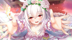Rule 34 | 1girl, breasts, cleavage, deep one kyomu to mugen no fragment, dmm, dress, flower, hands up, long hair, looking at viewer, medium breasts, red eyes, smile, solo, wedding dress, white hair