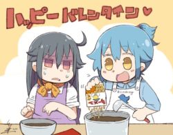 Rule 34 | 2girls, :d, ahoge, apron, bad food, black hair, blue hair, blush, bowl, chocolate, commentary request, cooking, facebook, food, hashtag, holding, holding food, ladle, long hair, multiple girls, open mouth, personification, ponytail, red eyes, shaded face, signature, smile, snack, sweatdrop, translated, tsukigi, twitter, valentine, yellow eyes
