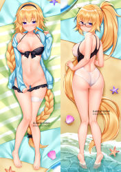 Rule 34 | 1girl, absurdly long hair, ass, back, bare shoulders, beach mat, bikini, black bikini, black one-piece swimsuit, blonde hair, blue eyes, blue jacket, blush, braid, breasts, bridal garter, cleavage, cleft of venus, collarbone, competition swimsuit, covered erect nipples, dakimakura (medium), fate/grand order, fate (series), feet out of frame, food, frilled bikini, frills, front-tie bikini top, front-tie top, glasses, groin, hairband, halterneck, hand up, highres, holding, jacket, jeanne d&#039;arc (fate), jeanne d&#039;arc (ruler) (fate), jeanne d&#039;arc (swimsuit archer) (fate), jeanne d&#039;arc (swimsuit archer) (first ascension) (fate), jeanne d&#039;arc (swimsuit archer) (second ascension) (fate), large breasts, long hair, long sleeves, looking at viewer, looking back, lying, multiple views, navel, nipples, on back, one-piece swimsuit, one breast out, open clothes, open jacket, ponytail, popsicle, shouu-kun, single braid, smile, starfish, stomach, string bikini, swimsuit, thigh gap, thighs, two-tone swimsuit, very long hair, white one-piece swimsuit