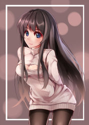 Rule 34 | 1girl, arms behind back, bad id, bad pixiv id, black hair, black pantyhose, blue eyes, blush, breasts, cleavage, highres, long hair, meme attire, no pants, open-chest sweater, open chest turtle neck, original, pantyhose, ribbed sweater, sweater, turtleneck, yumemi (kiowa)