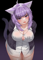 Rule 34 | absurdres, animal ears, breast pocket, breasts, button gap, cat ears, cat tail, cleavage, fangs, highres, hololive, jacket, large breasts, micon, nekomata okayu, nekomata okayu (oversized shirt), no bra, open clothes, pocket, purple eyes, purple hair, shirt, tail, tongue, tongue out, virtual youtuber, white shirt