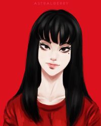 Rule 34 | 1girl, animated, animated gif, artist name, black hair, blinking, body horror, character request, highres, horror (theme), long hair, looking at viewer, miguel-sagrado, pink lips, red background, red shirt, shirt, simple background, smile, solo, tomie, upper body