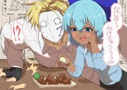 Rule 34 | 1boy, 1girl, absurdres, annyui (cookie), black gloves, black skirt, blonde hair, blue bow, blue eyes, blue hair, blue shirt, bow, breasts, broccoli, chicken (food), cirno, commentary request, cookie (touhou), cowboy shot, dark-skinned female, dark skin, desk, fingerless gloves, food, fried chicken, fruit, gloves, hair between eyes, hair bow, highres, jewelry, lemon, lemon slice, long hair, looking at food, manatsu no yo no inmu, mask, miura daisenpai, necklace, office lady, open mouth, pencil skirt, poster (object), remote controller 4, shirt, short hair, skirt, small breasts, street fighter, table, tan, tanned cirno, touhou, vega (street fighter), white shirt