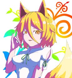 Rule 34 | 1girl, abstract background, animal ears, blonde hair, breasts, fangs, finger touching, fox ears, fox girl, fox shadow puppet, fox tail, green ribbon, highres, kudamaki tsukasa, mandarin collar, medium breasts, open mouth, pepelonthi, ribbon, romper, short hair, short sleeves, tail, touhou, upper body, white background, white romper, yellow eyes