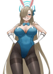 Rule 34 | 1girl, absurdres, animal ears, asuna (blue archive), asuna (bunny) (blue archive), bare shoulders, black pantyhose, blue archive, blue bow, blue bowtie, blue leotard, blush, bow, bowtie, breasts, caffeine500mg, cleavage, covered navel, detached collar, elbow gloves, fake animal ears, gloves, hair over one eye, halo, hands on own hips, highleg, highleg leotard, highres, large breasts, leotard, light brown hair, long hair, looking at viewer, mole, mole on breast, official alternate costume, pantyhose, playboy bunny, rabbit ears, simple background, smile, solo, strapless, strapless leotard, traditional bowtie, very long hair, white background, white gloves
