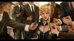 Rule 34 | 6+boys, blonde hair, blue eyes, braid, bug, choker, cigarette, cleavage cutout, clothing cutout, disembodied hand, earrings, facial hair, fedora, formal, giorno giovanna, grey hair, hat, head out of frame, heart, heart choker, high collar, highres, holding, holding lighter, insect, jewelry, jojo no kimyou na bouken, koha (xxkohaku), ladybug, lighter, lighting cigarette, long hair, looking to the side, mafia, mouth hold, multiple boys, mustache, necktie, old, old man, parted lips, pectoral cleavage, pectorals, sitting, solo focus, suit, vento aureo