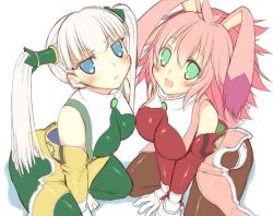 Rule 34 | 2girls, animal ears, blue eyes, blush, breasts, dyed bangs, gloves, green eyes, hime gyo, large breasts, long hair, looking at viewer, multiple girls, open mouth, pantyhose, pink hair, rabbit ears, seraphita (xenogears), simple background, smile, tolone (xenogears), twintails, white background, white hair, xenogears