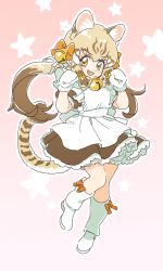 Rule 34 | :3, alternate costume, animal ears, animal print, bell, blonde hair, blush, boots, bow, brown dress, brown hair, cat ears, cat girl, cat print, cat tail, commentary request, dress, fang, footwear bow, frilled dress, frilled sleeves, frills, geoffroy&#039;s cat (kemono friends), hair bell, hair bow, hair ornament, highres, kemono friends, knee boots, long hair, looking at viewer, mitsumoto jouji, mittens, multicolored hair, neck bell, open mouth, orange bow, paw pose, puffy short sleeves, puffy sleeves, short sleeves, solo, tail, twintails, white dress, white footwear, white mittens, yellow eyes