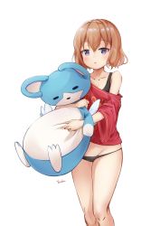 1girl artist_name bare_shoulders black_panties blend_s blush brown_hair clothes_writing collarbone english_text faicha groin hair_between_eyes highres holding holding_stuffed_toy hoshikawa_mafuyu off_shoulder panties parted_lips purple_eyes red_shirt shirt short_hair solo standing stuffed_animal stuffed_toy thighs underwear wavy_hair white_background white_wings wide_sleeves wings