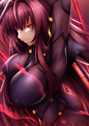 Rule 34 | 1girl, arms behind head, arms up, ass, bodysuit, breasts, covered erect nipples, fate/grand order, fate (series), fi-san, large breasts, long hair, looking at viewer, purple hair, red eyes, scathach (fate), scathach (fate), skin tight, smile, solo, very long hair