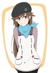 Rule 34 | 1girl, absurdres, apron, arms behind back, beret, breasts, brown eyes, brown hair, closed mouth, commentary request, commission, evangelion: 3.0+1.0 thrice upon a time, evangelion: 3.0 you can (not) redo, hat, highres, long hair, long sleeves, looking at viewer, nanaki (noname41), neckerchief, neon genesis evangelion, pixiv commission, rebuild of evangelion, scarf, shirt, simple background, small breasts, smile, solo, suzuhara sakura, uniform, white apron