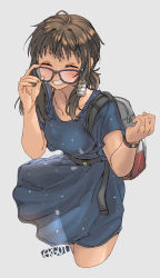 Rule 34 | 1girl, artist logo, artist name, backpack, bag, bespectacled, blue-framed eyewear, blue dress, blush, brown hair, closed mouth, collarbone, cowboy shot, cropped legs, dress, ergot, closed eyes, fubuki (kancolle), glasses, grey background, grin, hair between eyes, highres, jewelry, kantai collection, price tag, ring, short hair, short ponytail, short sleeves, simple background, smile, solo, watch, wedding band, wristwatch