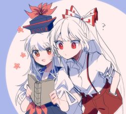 Rule 34 | 2girls, ?, blue dress, blue headwear, book, bow, commentary request, dress, flower, fujiwara no mokou, hair bow, hand in pocket, hat, holding, holding book, itomugi-kun, kamishirasawa keine, long hair, multicolored hair, multiple girls, open mouth, pants, reading, red bow, red eyes, red pants, shirt, short sleeves, smile, suspenders, torn clothes, torn sleeves, touhou, two-tone hair, white bow, white hair, white shirt